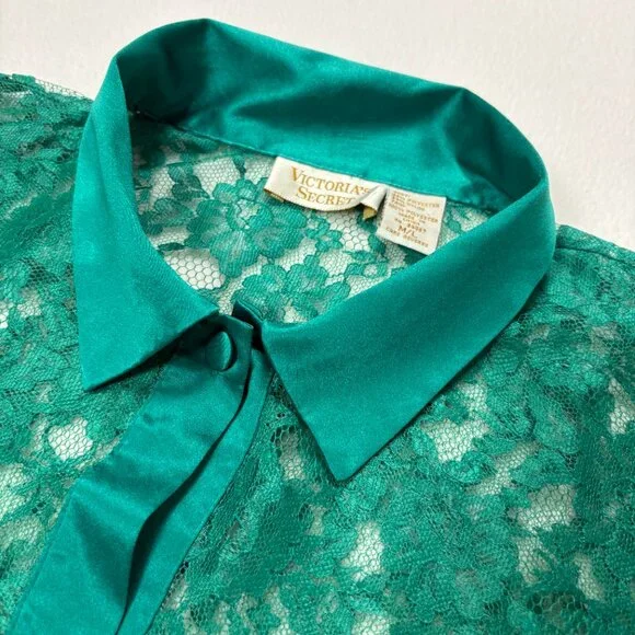 VICTORIA'S SECRET | Vtg GOLD Label Sheer Green Lace Sleep Shirt 80s 90s Sz M/L - Picture 9 of 16